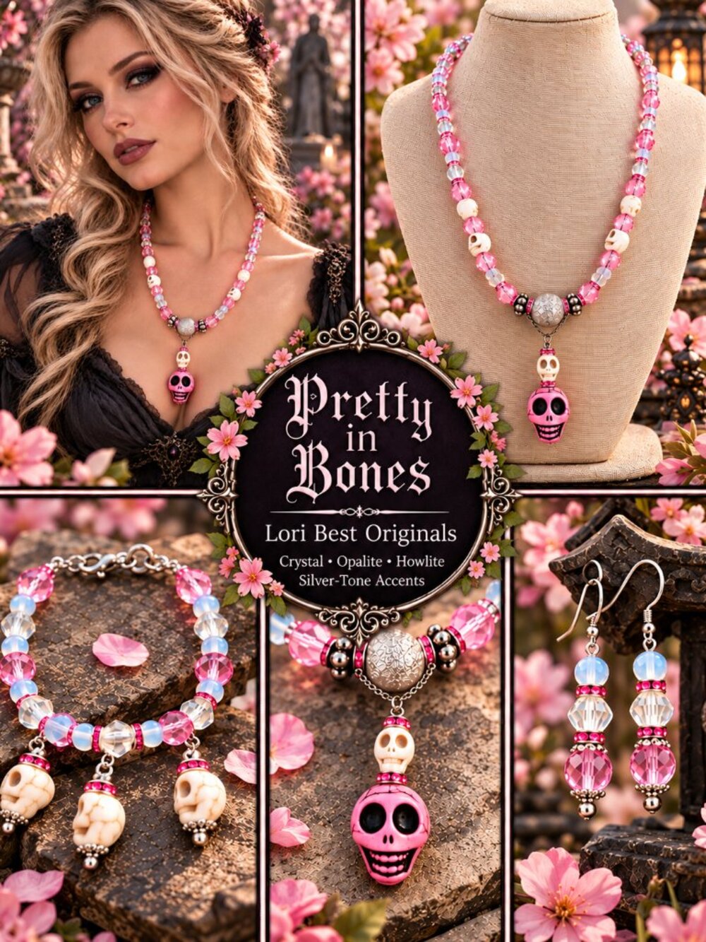 Pretty in Bones – Pink Crystal, Opalite & Howlite Skull Jewelry Set